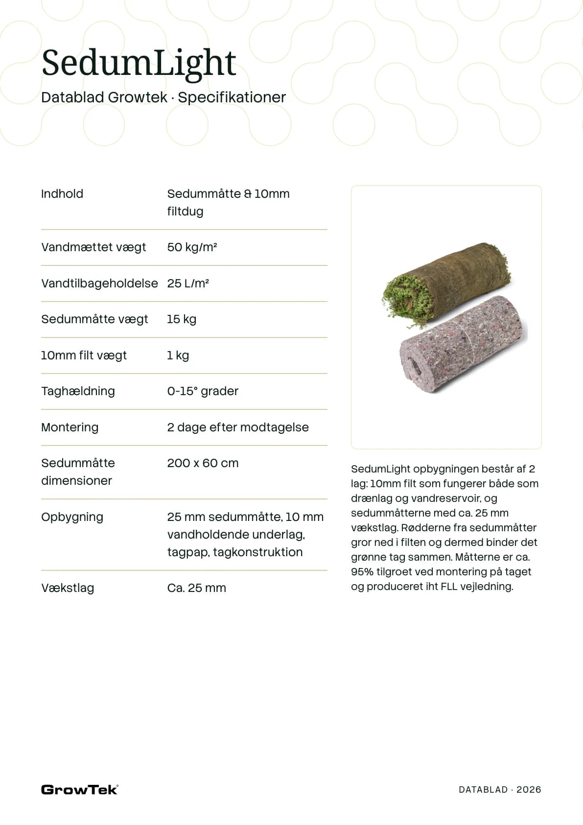 SedumLight datasheet: specifications beside a photo of the mat and felt
